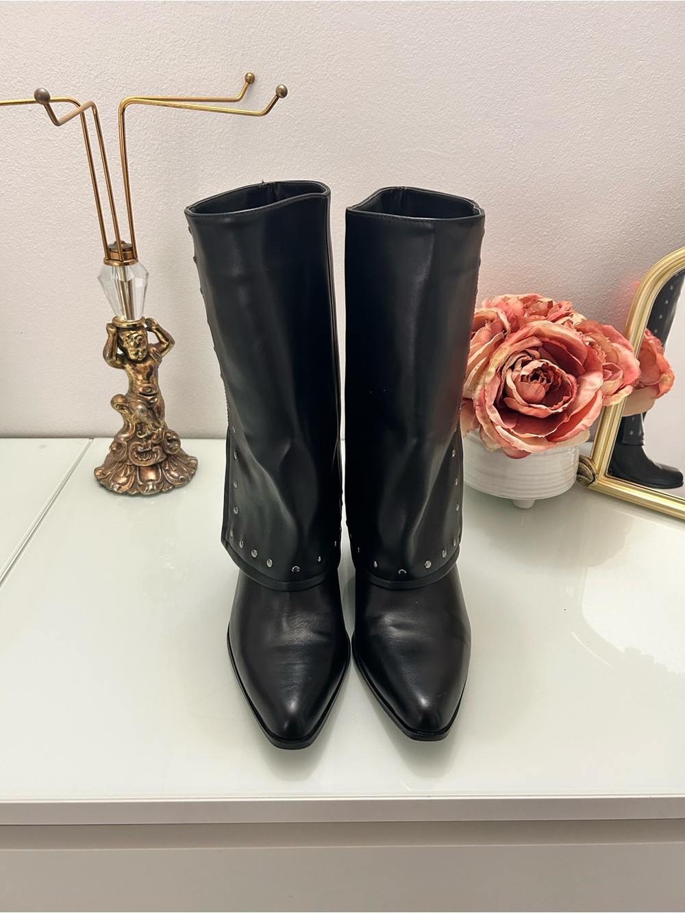 Sincerely Jules Black Pointed-Toe Mid-Calf Boots with Stud Trim
